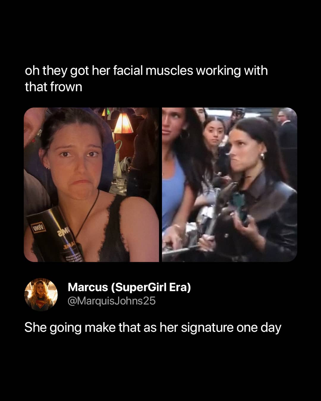 Two panel screenshot of a woman making a dramatic frowny face at a public event.