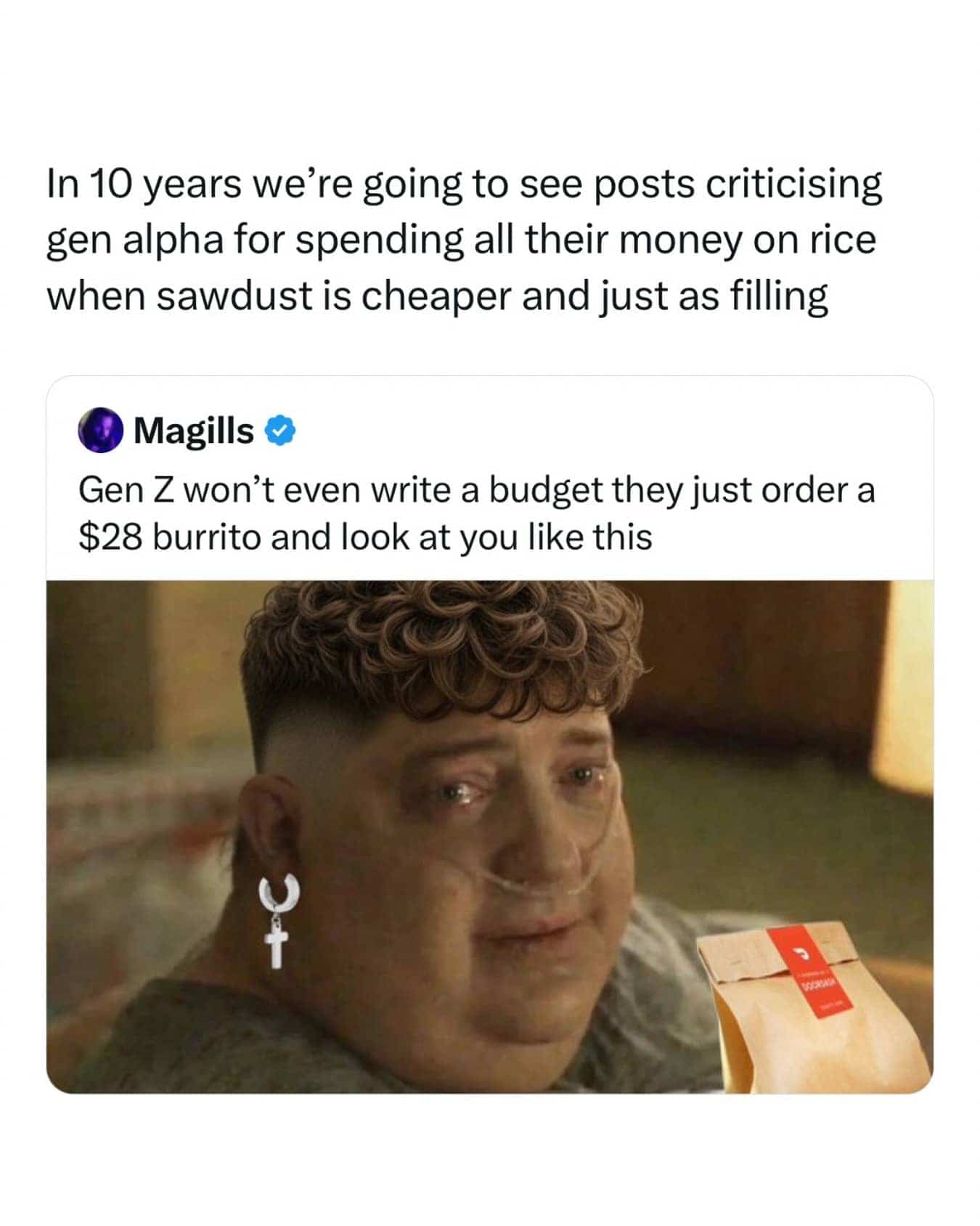 Generational economy meme joking about Gen Z ordering an expensive burrito using a delivery app.