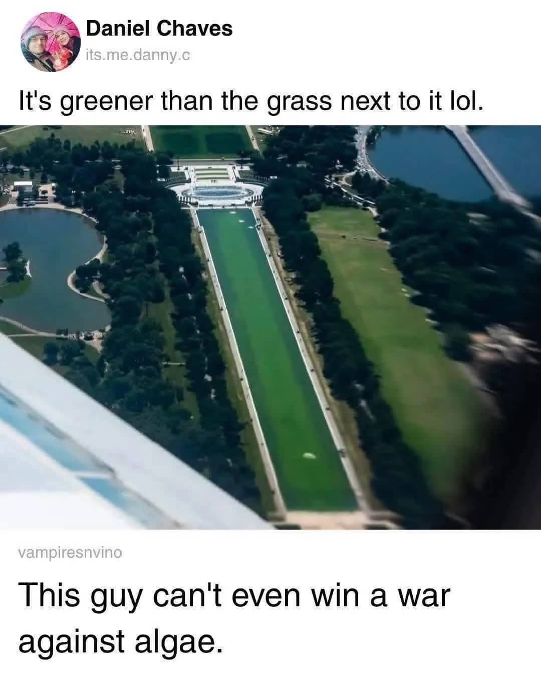 Humorous aerial image comment mockingly comparing a bright green reflecting pool to a war against algae.