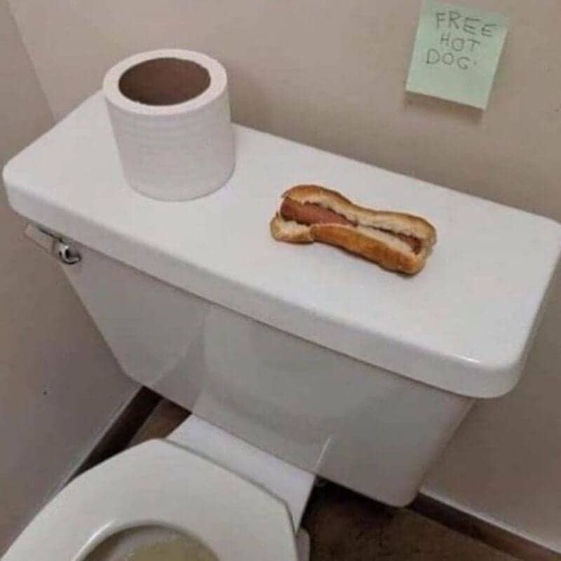 Free hot dog left sitting on top of a public bathroom toilet tank meme.