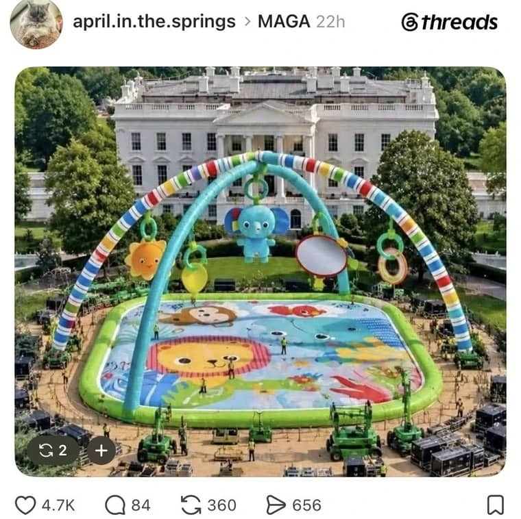 Giant inflatable children's play gym set up directly on the lawn of the White House.