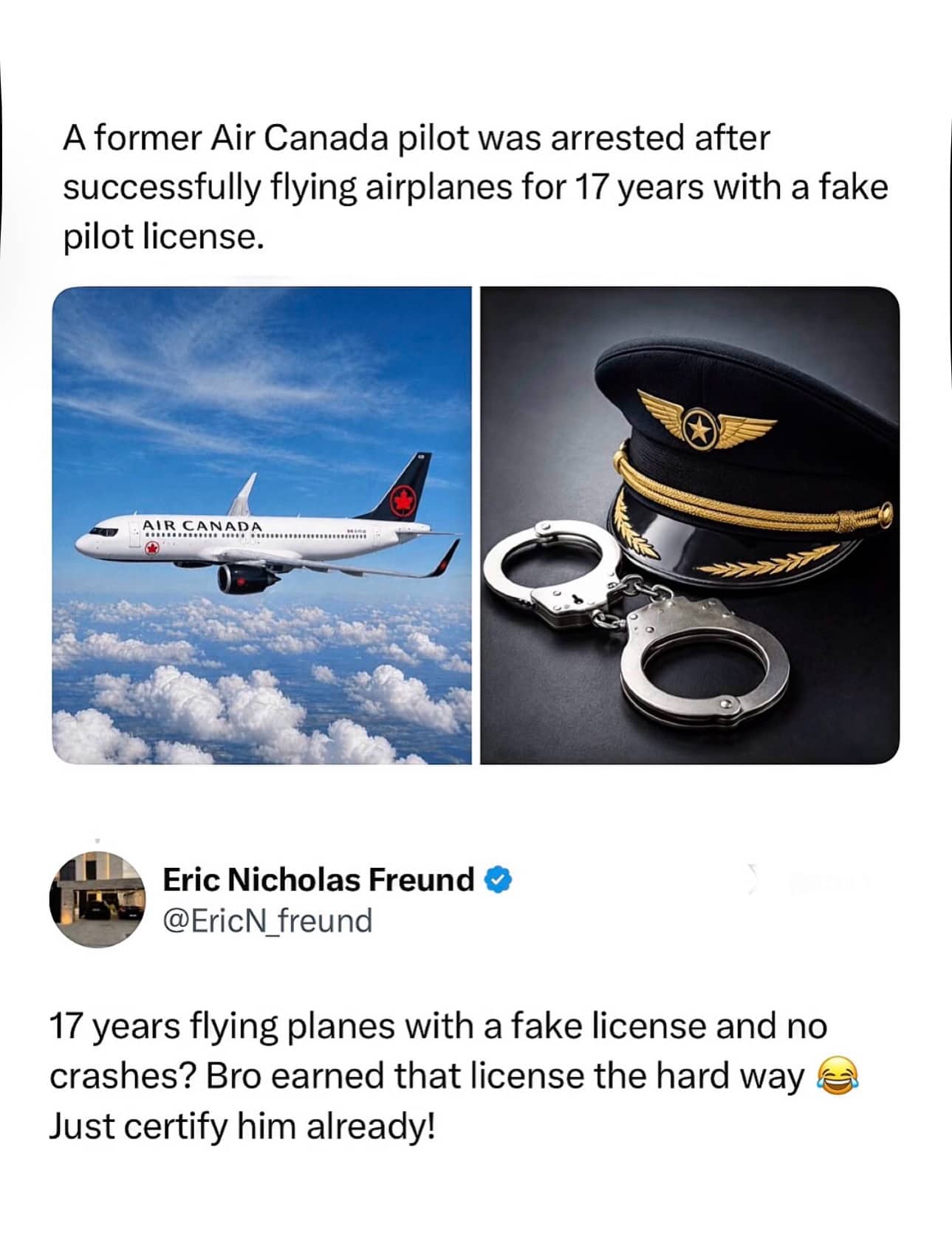 News article screenshot about a pilot flying seventeen years with a fake license meme.