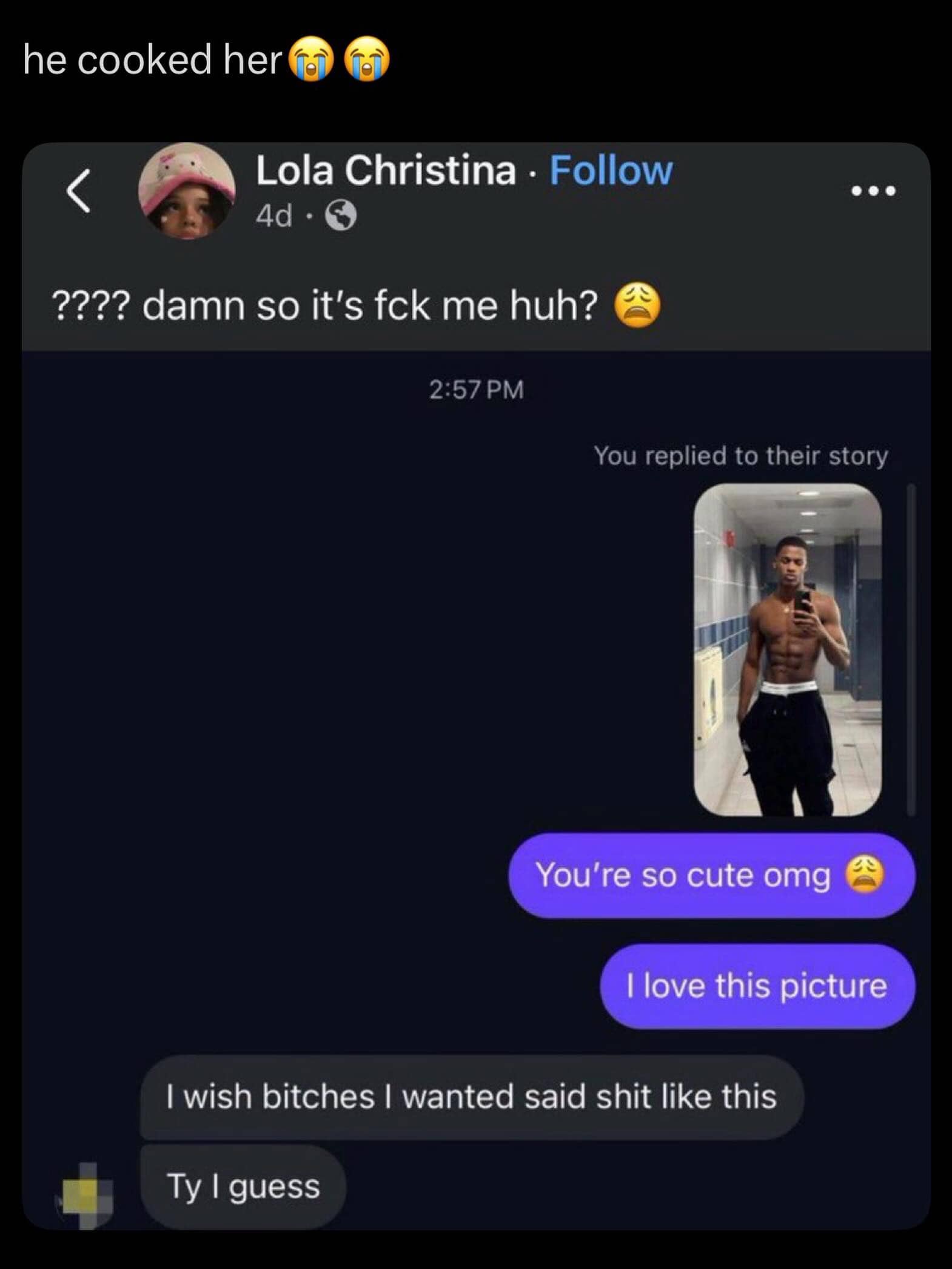 Awkward smartphone direct message screenshot of a girl getting rejected after complimenting a guy's picture.