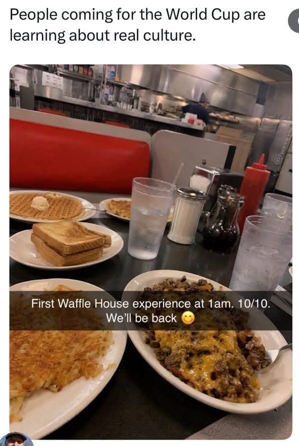 Table filled with classic Waffle House breakfast food orders late at night culture meme.