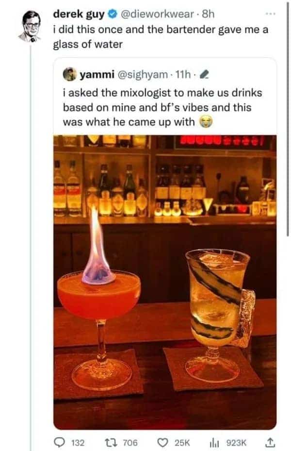 Cocktail meme showing a fiery orange drink next to a refreshing sliced cucumber beverage.