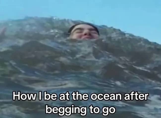Humorous ocean vacation meme showing a person submerged to their neck in choppy sea water.