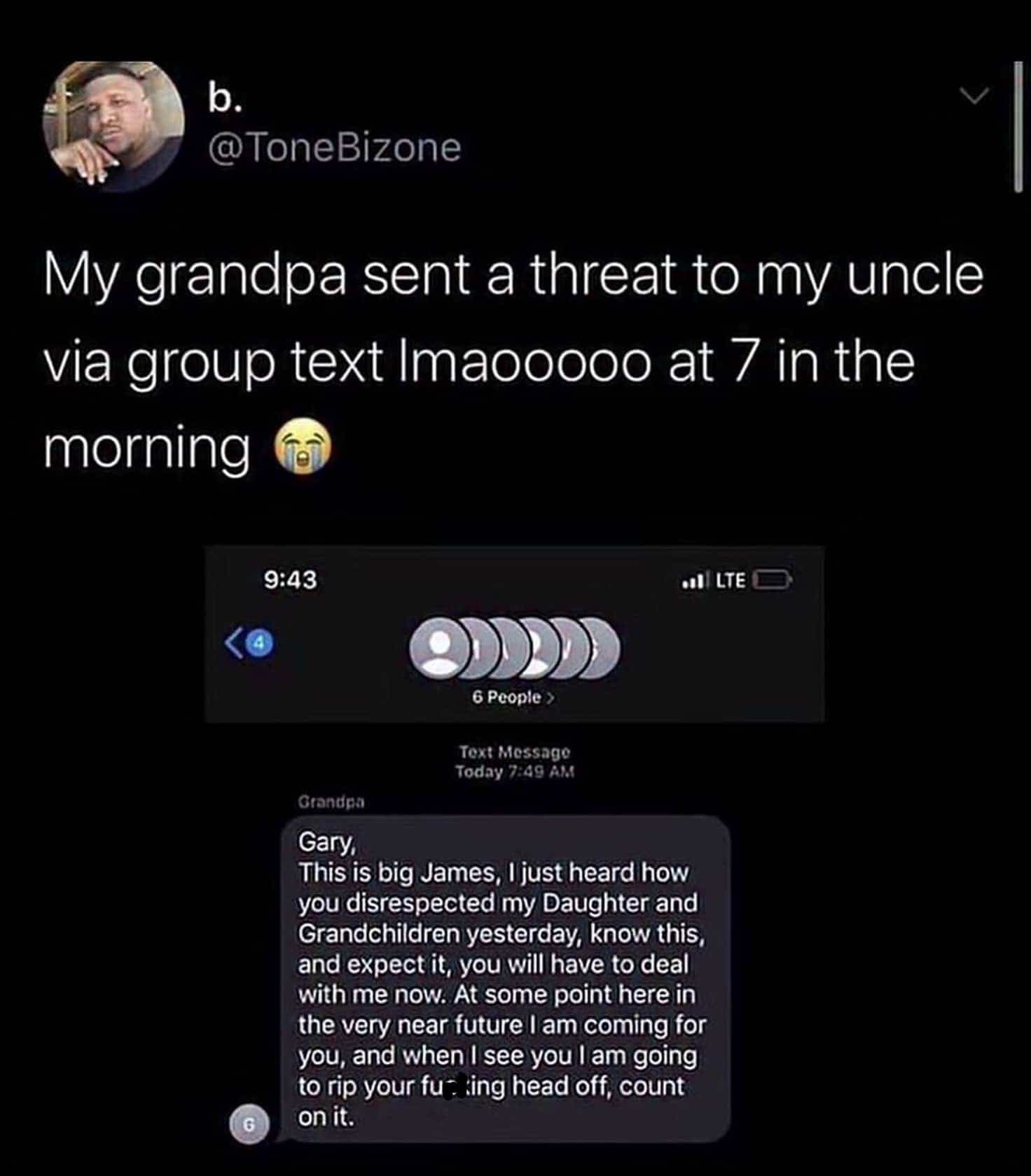 Group text screenshot showing a grandfather sending an early morning threat to an uncle.