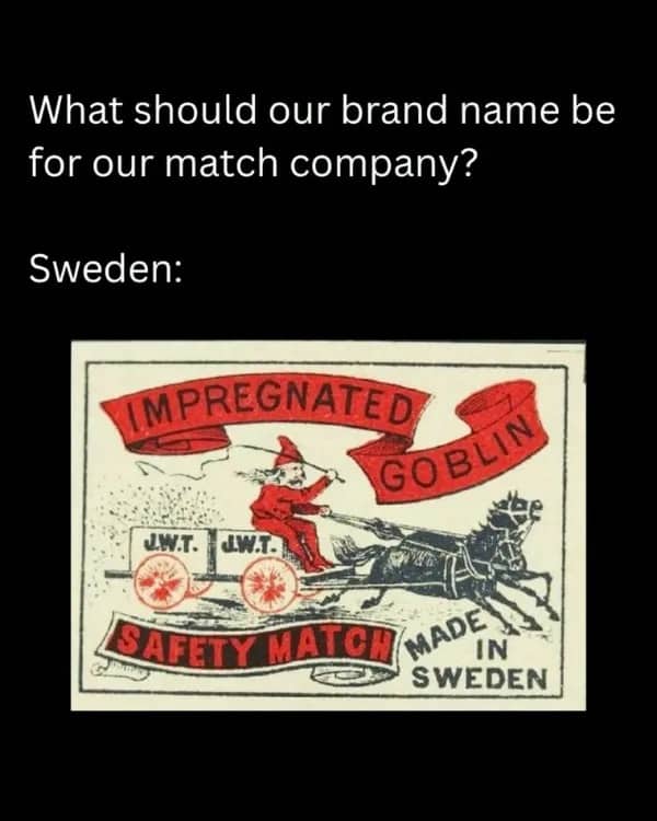 Vintage Swedish safety match box label featuring a red goblin riding a horse drawn carriage.