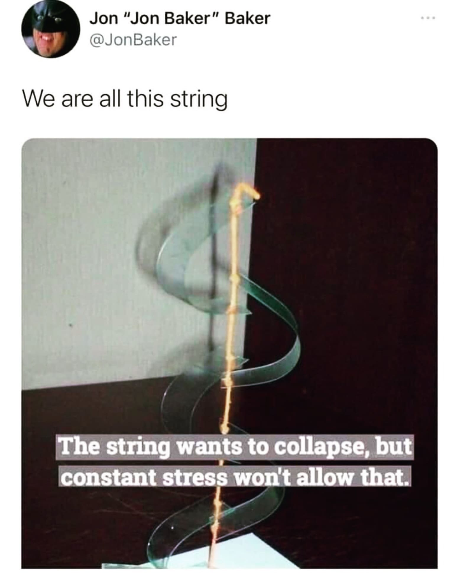 Relatable text post comparing human mental health struggles to a physics experiment with a string.