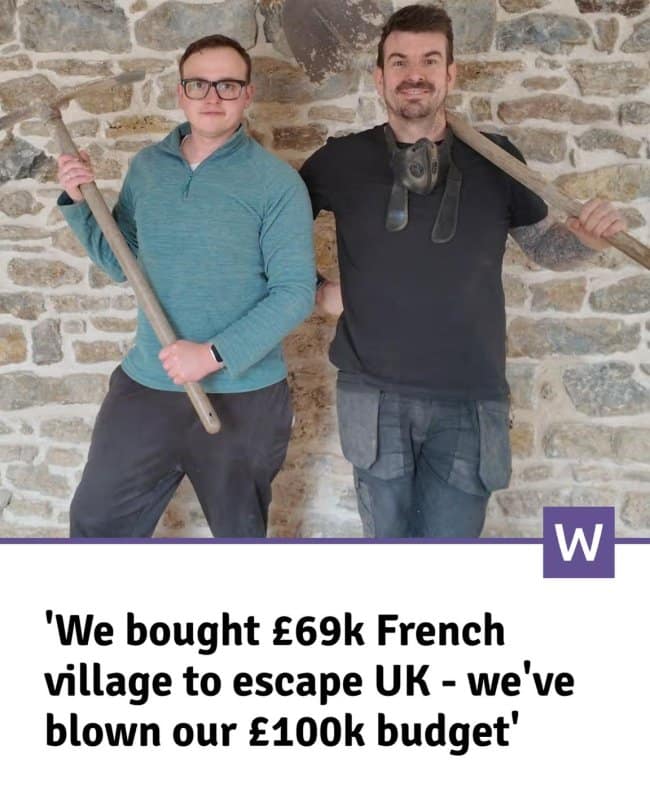 A modern home-renovation feature highlighting an incredible funny news headline that displays a photo of two smiling men holding a pickaxe and a shovel against a rustic stone wall, titled "'We bought £69k French village to escape UK - we've blown our £100k budget'."