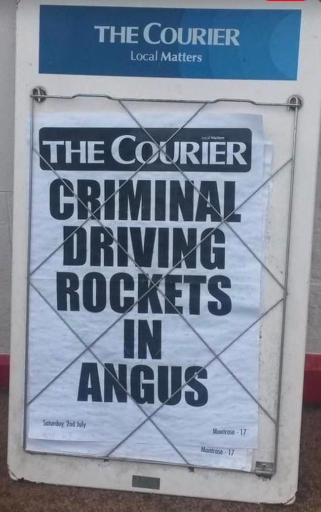 news poster displaying a striking funny news headline from The Courier announces in massive, blocky black typography across a canvas print frame: "CRIMINAL DRIVING ROCKETS IN ANGUS."