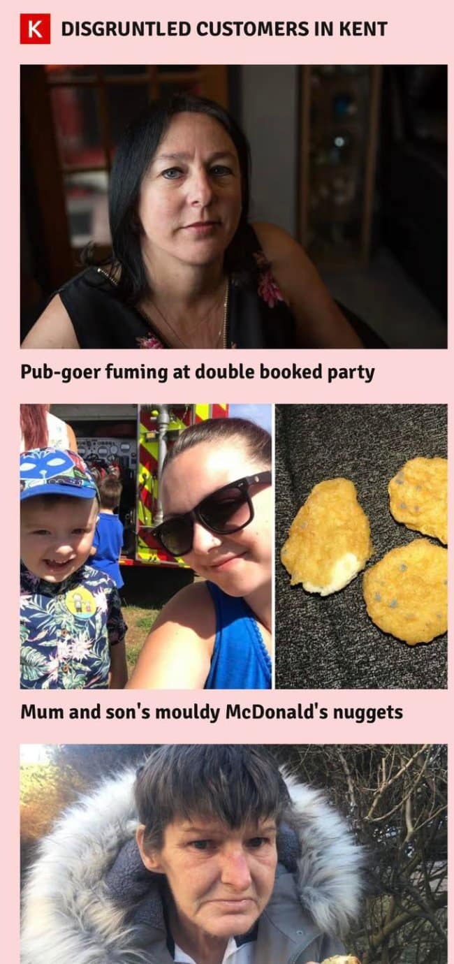 A local regional media feature tracking a funny news headline stream under the category "DISGRUNTLED CUSTOMERS IN KENT," layout out three hyper-serious portraits of regular citizens airing mundane grievances, including an unamused pub-goer reacting to a double-booked party and a mother complaining about moldy fast-food nuggets.