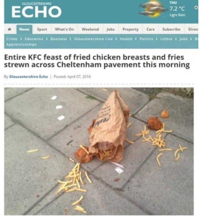 A hyper-detailed public disaster piece showcasing a tragic funny news headline from the Gloucestershire Echo detailing how an "Entire KFC feast of fried chicken breasts and fries strewn across Cheltenham pavement this morning," illustrated with an on-the-scene photo of scattered fried chicken pieces surrounding a crumpled brown paper delivery bag.