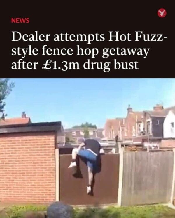An action-packed media capture featuring a cinematic funny news headline from The Independent detailing how a criminal suspect attempted an ambitious, movie-inspired "Hot Fuzz-style fence hop getaway" after a massive drug bust, paired with a blurry image of the suspect tumbling mid-air over a brown wooden garden fence.