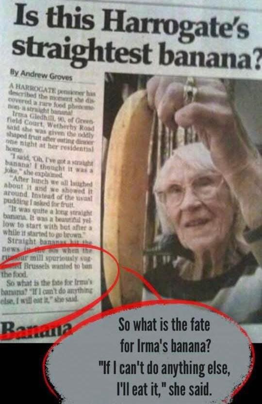 A classic lifestyle print clipping focusing on a brilliant funny news headline titled "Is this Harrogate's straightest banana?" spotlighting a 90-year-old pensioner holding up a completely straight, non-curved yellow fruit item above an explicit red callout box detailing her simple intent to eat it if nothing else happens.