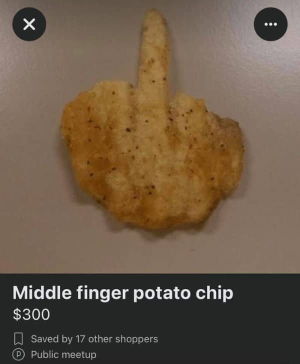 A crispy potato chip shaped like a middle finger listed for sale online.