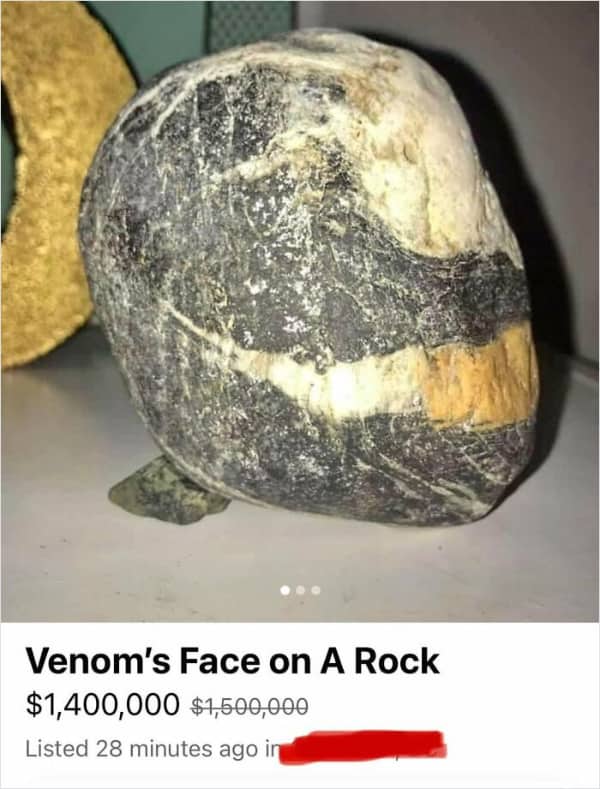 A large grey and black stone that vaguely resembles a comic book character visage.