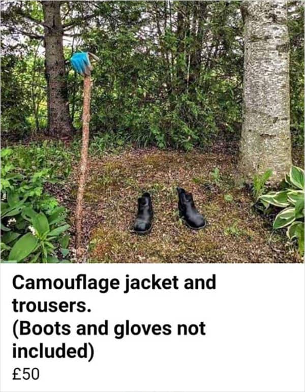Invisible camouflage suit display using just a pair of boots and a single glove.