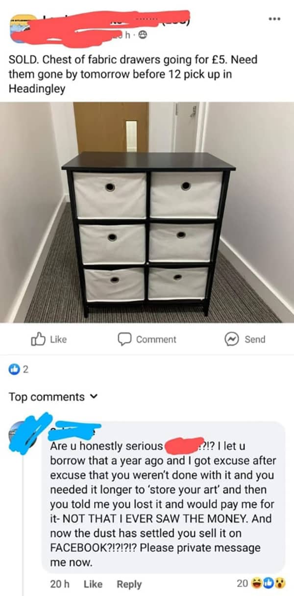 Fabric drawers listed for cheap with a dramatic callout comment about stolen art storage.