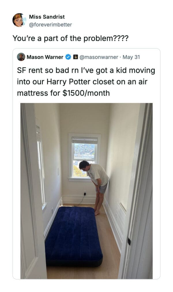 Real estate rental interior photo inside a funny quote tweet by Miss Sandrist criticizing a San Francisco landlord charging $1500 a month for an air mattress in a narrow storage closet.