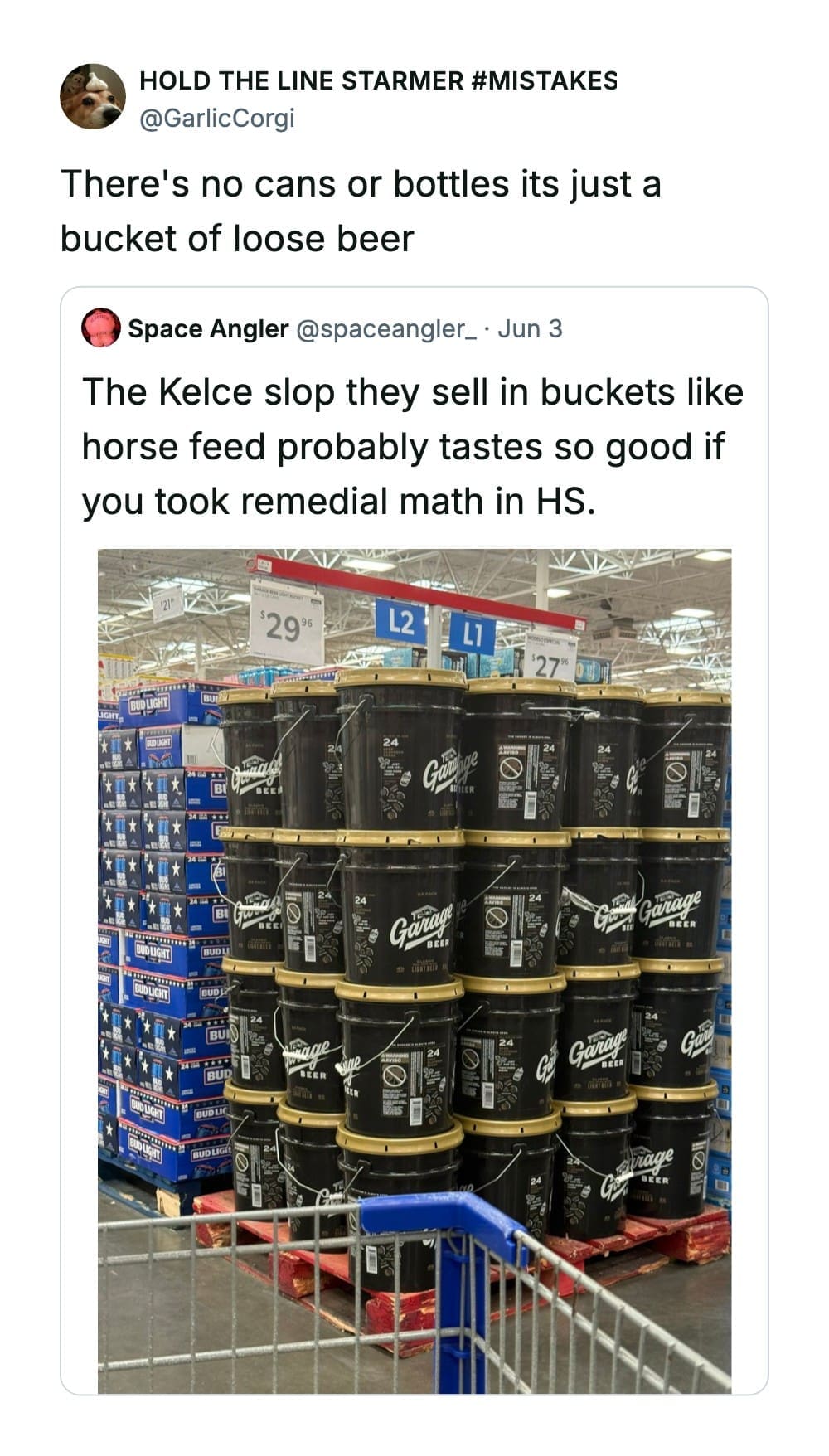Stacks of black "Garage Beer" buckets on a wooden pallet inside a wholesale store showroom featured in a funny quote tweet by @GarlicCorgi.