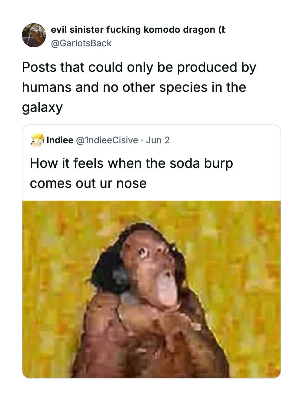 Distorted low-resolution reaction image of an expressive face under sensory text inside a funny quote tweet by @GarlotsBack.