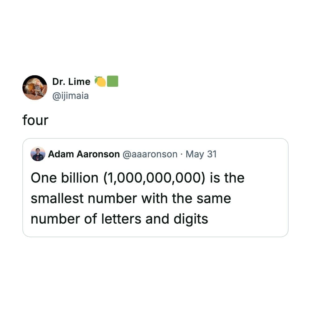 Mathematical trivia subversion text layout formatted as a punchy, single-word response inside a funny quote tweet by Dr. Lime.