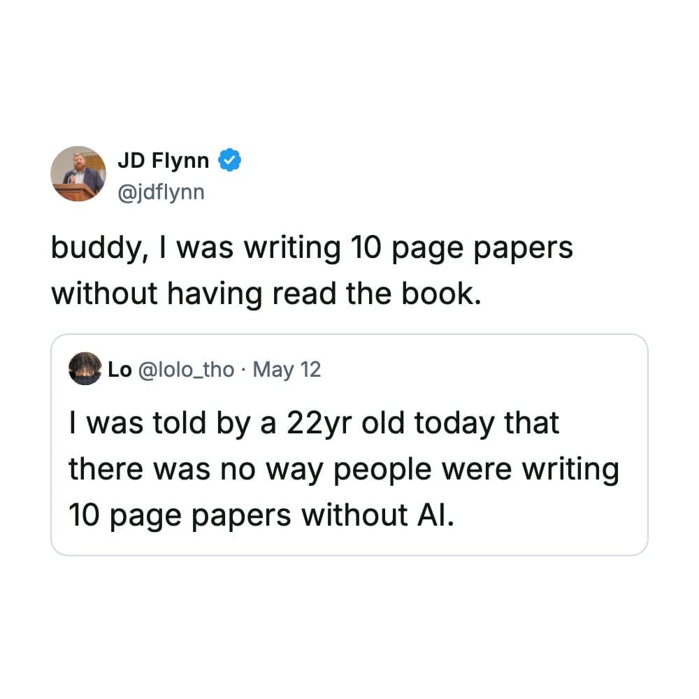 Academic generational text comparison thread regarding essay writing habits inside a funny quote tweet by JD Flynn.