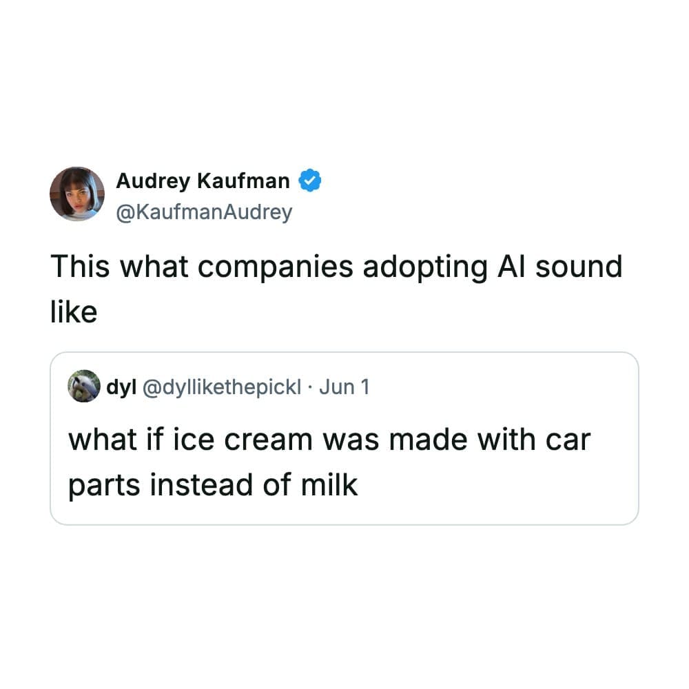 Conceptual text layout satirizing modern tech corporate messaging inside a funny quote tweet by Audrey Kaufman.
