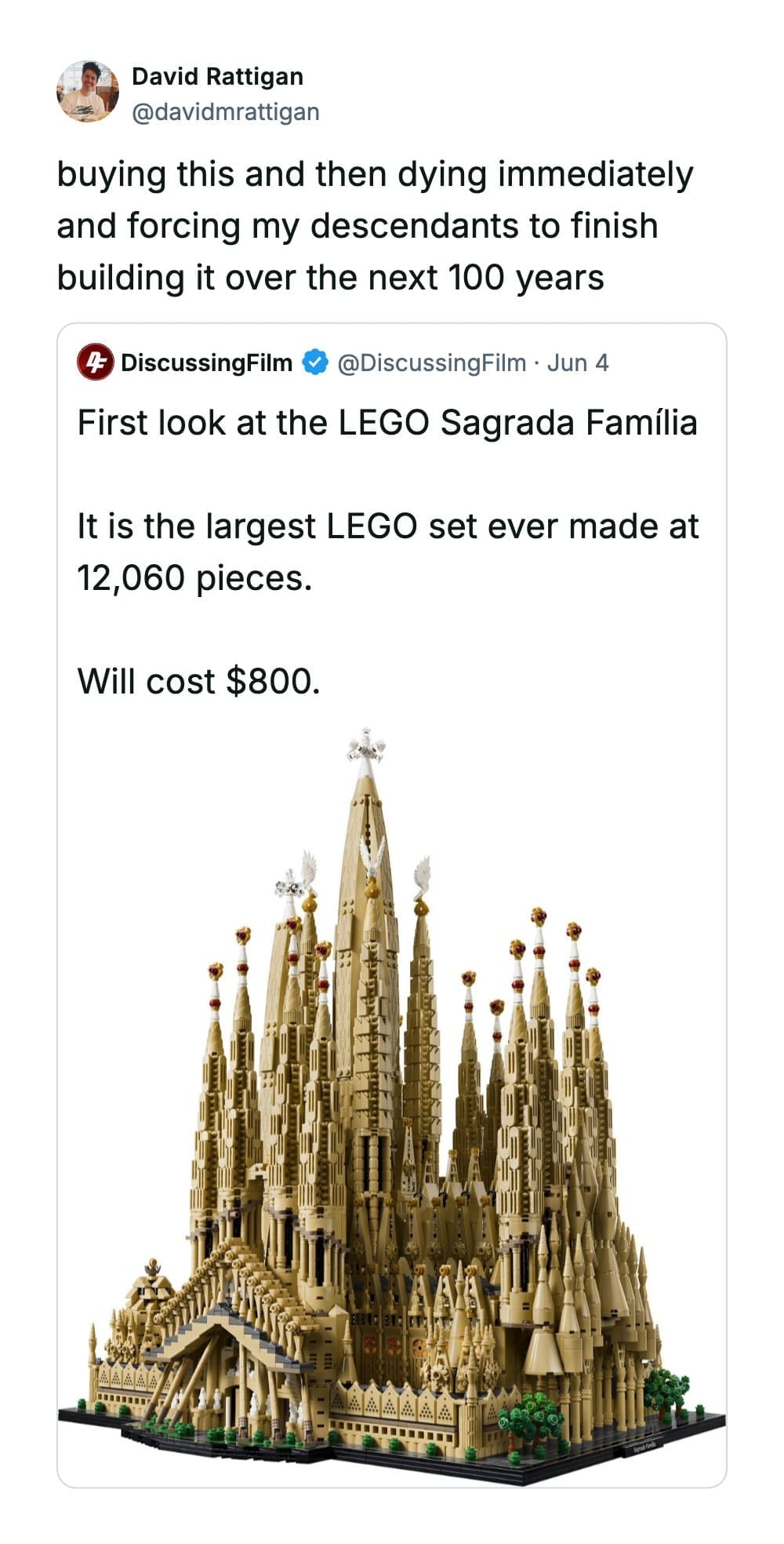 Toy product advertisement in a funny quote tweet by David Rattigan (@davidmrattigan) showing a massive 12,060-piece LEGO Sagrada Família cathedral set.