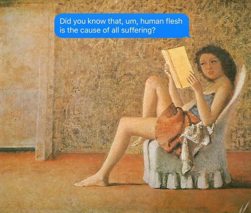 A funny sarcastic text inside a blue bubble that reads, "Did you know that, um, human flesh is the cause of all suffering?", awkwardly hovering over a classical painting of a young woman sitting relaxed in a chair while reading a yellow book.