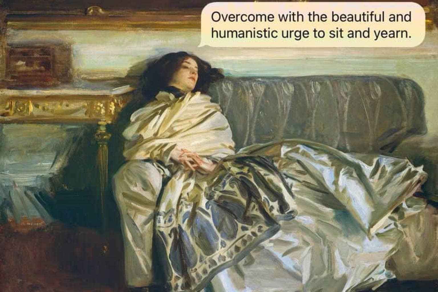 An expansive digital gallery combining classical fine art and surrealist paintings with modern, deeply unhinged funny sarcastic texts, prominently highlighting an Art Deco woman on a rotary phone ignoring an extended warranty scam, a weeping vintage portrait devastated by a flathead screw mix-up, and an elegant woman smoking a cigarette who is completely disenchanted with the human experience.