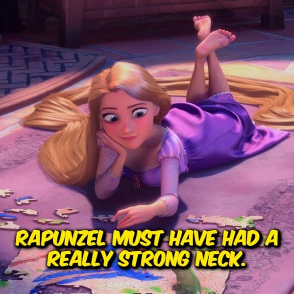 A funny shower thought post featuring Disney's 3D animated Rapunzel lying on a purple rug doing a puzzle, with a bold yellow caption stating: "Rapunzel must have had a really strong neck."