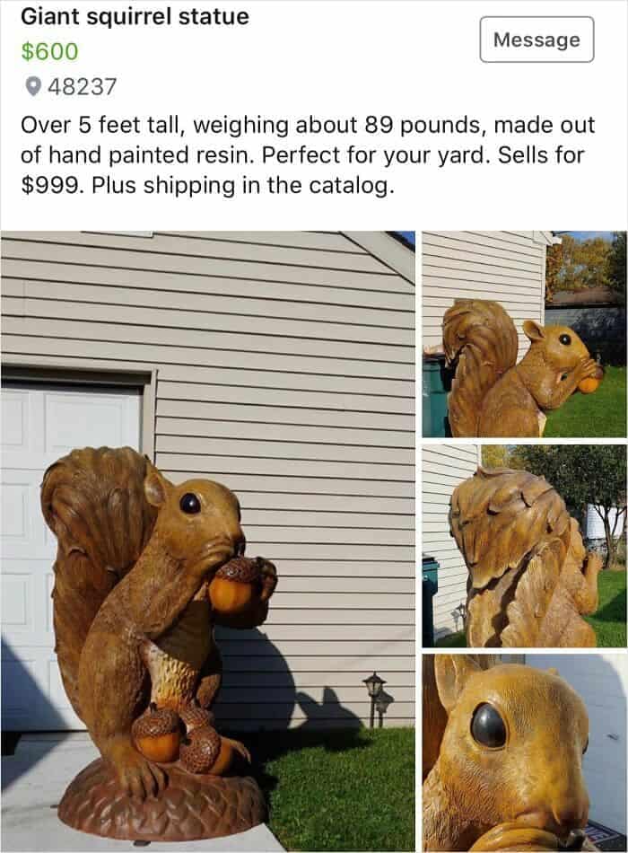 A massive yard-sale listing acting as a funny thrift store find, featuring a Facebook Marketplace ad for a solid 5-foot-tall, 89-pound, hand-painted resin statue of a giant brown squirrel holding a massive acorn, listed for $600.