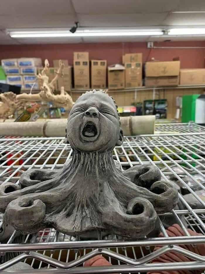A deeply unsettling decorative statue found as a funny thrift store find, depicting a grey stone figure that combines the realistic, crying face of an infant seamlessly merging into the heavy, twisting tentacles of an octopus.