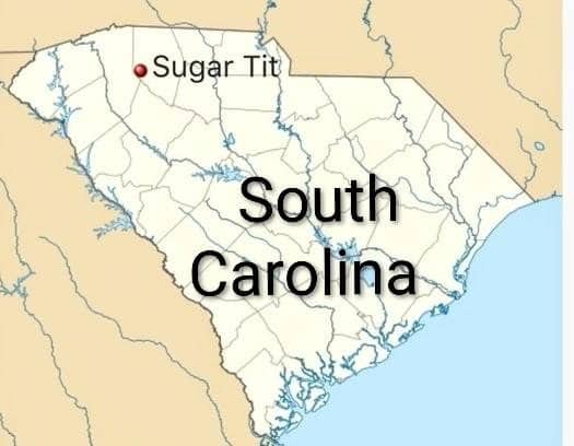 Map graphic highlighting the specific upstate geographic location of Sugar Tit, South Carolina.
