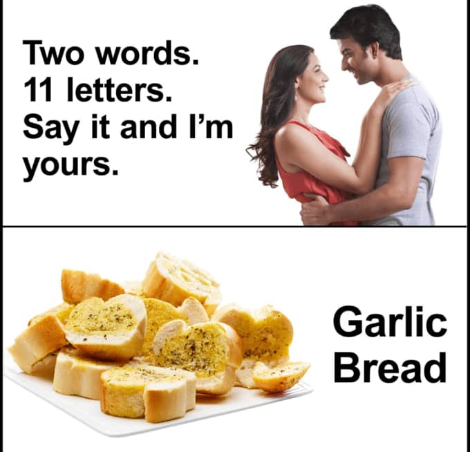 Romantic couple stock photo paired with an eleven letter confession that turns out to be garlic bread.