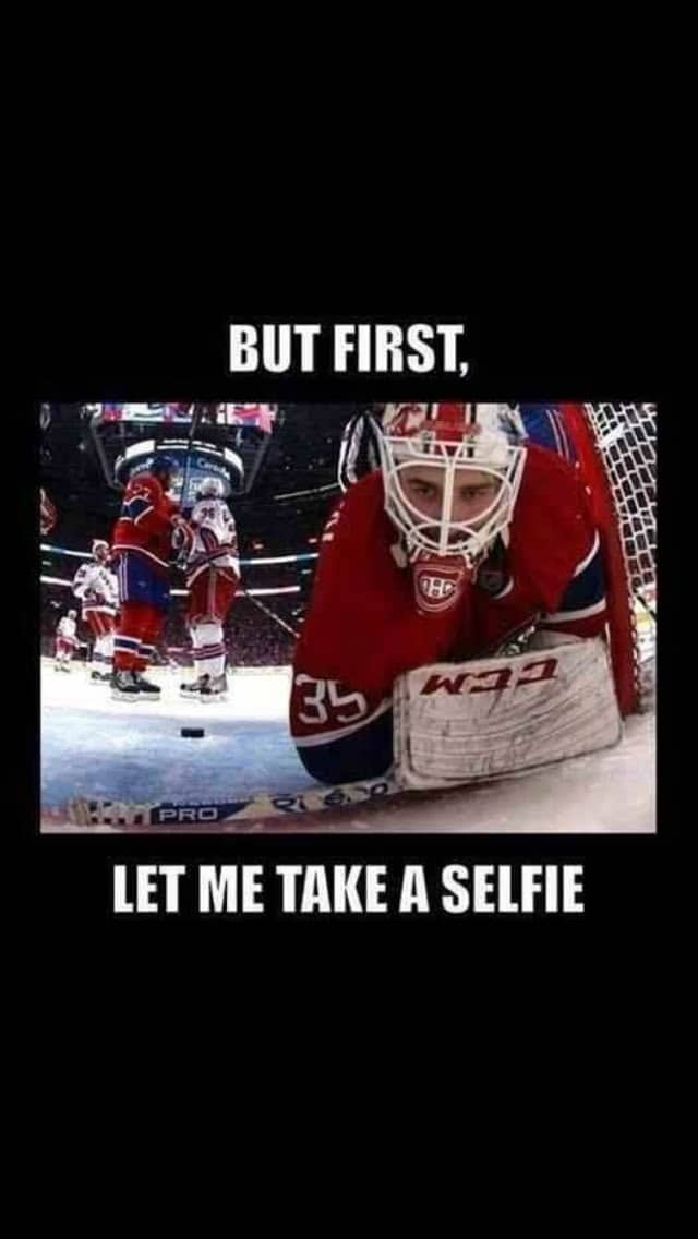 Relatable hockey goalie meme showing a netminder face down on the ice with a selfie caption.