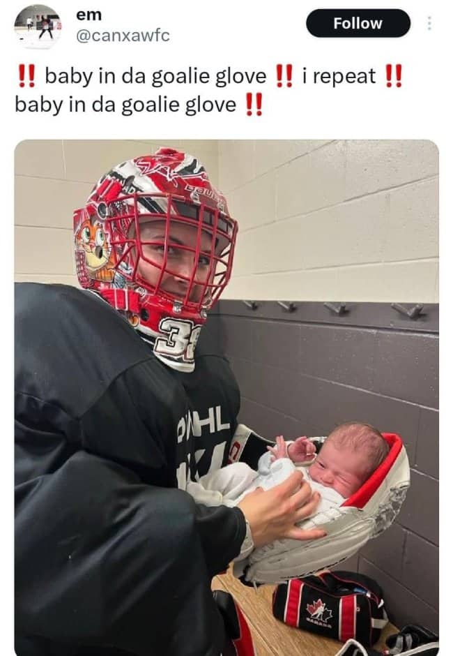 Funny hockey meme featuring a social media post with a newborn infant tucked safely inside a goalie glove.