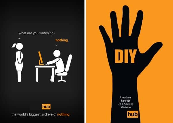 Two minimalist advertisements by an entertainment brand featuring stick figures and a hand icon.