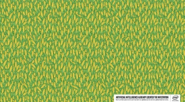 Intel advertisement featuring an optical illusion background pattern of green and yellow shapes.