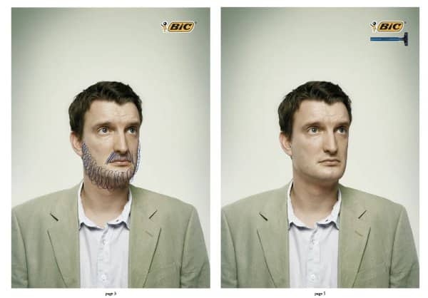 Two panel Bic razor advertisement showing a man with a drawn on beard.