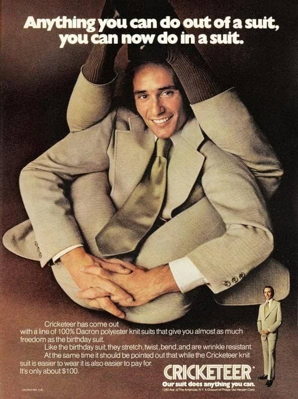 Vintage suit advertisement showing a smiling man contorted into a flexible yoga pose.
