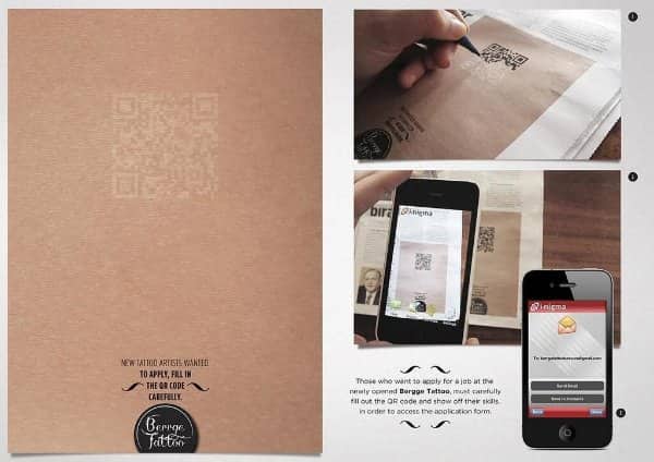 Tattoo shop job application ad requiring applicants to draw a functional QR code.