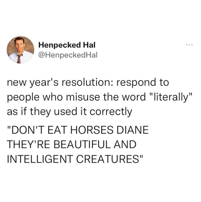 A brilliant malicious compliance concept presented as a grammar meme features Henpecked Hal (@HenpeckedHal) vowing to treat people who misuse the word "literally" with pure literalism, shouting at Diane to protect beautiful horses after she claims she is "literally starving."
