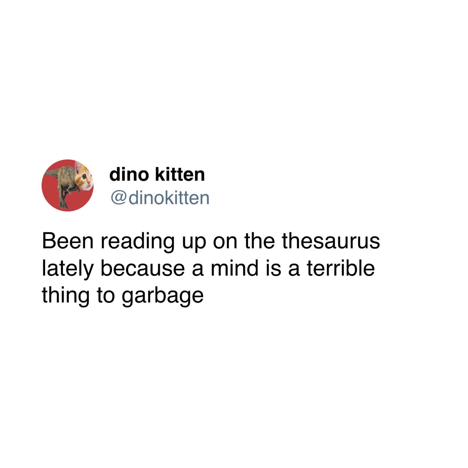 An ironic vocabulary upgrade operating as a funny grammar meme features dino kitten (@dinokitten) subverting a famous educational phrase by tweeting, "Been reading up on the thesaurus lately because a mind is a terrible thing to garbage."