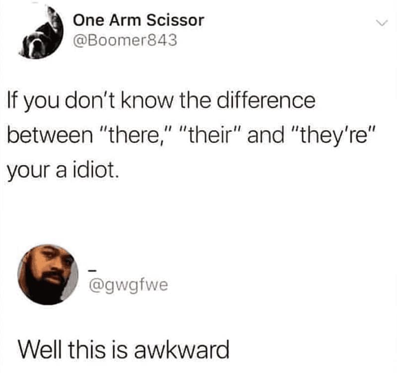A top-tier ironic grammar meme captures a bold public call-out tweet by user @Boomer843 lecturing people on homophones ("If you don't know the difference between 'there,' 'their' and 'they're' your a idiot"), which immediately backfires into a magnificent spelling fail by using "your" instead of "you're."
