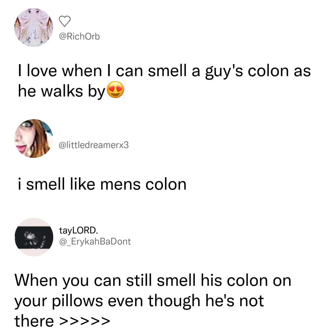 A horrifyingly funny multi-tweet compilation archived as a grammar meme documents three separate public posts where individuals repeatedly commit a severe spelling fail, mixing up masculine "cologne" with human anatomy to declare how much they love the smell of a guy's "colon."