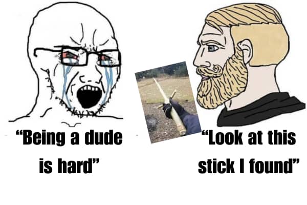 Wojak crying meme next to a Chad meme discussing a cool sword shaped stick.
