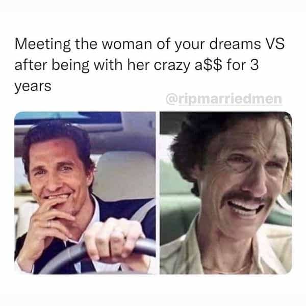 Side by side images of Matthew McConaughey smiling vs looking intensely stressed.